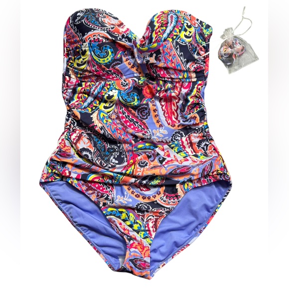 ANNE COLE colorful paisley parade bandeau twist front one piece swimsuit NWT - Picture 2 of 6